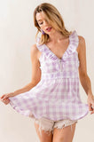 BiBi Ruffled Neckline Sleeveless Check Plaid Peplum Top