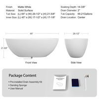 65" Luxury Freestanding Soaking Bathtub With Overflow And Pop-Up Drain (SAK69451)