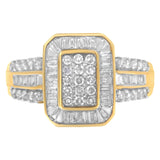 10K Yellow Gold Round and Baguette-Cut Diamond Cluster Ring (1.0 Cttw, I-J Color, SI1-SI2 Clarity) - Size 7
