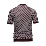 Men's Short Sleeve Knit Polo Shirt, Burgundy Diamond Geometric Jacquard, Smart Casual Retro Style, Breathable Knitted Top