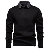 Mens Faux Two-piece Base-layer Knit Casual Shirt-collar Sweater