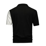 Men's Color Block Half-Zip Knit Polo Shirt, Navy & White Vertical Stripe Short Sleeve Top