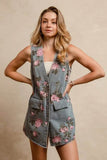 BiBi Floral Print Washed Denim Long Rider Vest