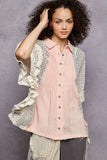 POL Button Down Front Pleated Shirt with Crochet Patch