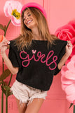BiBi Metallic Letter Short Puff Sleeve Hairy Sweater
