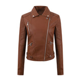 PU Women's Short Leather Oblique Pull Slim Motorcycle Clothing Washed Leather Jacket