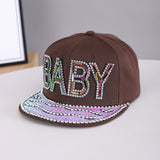 Men's And Women's Identical Colorful Diamond BABY Letter Hot Stamping Diamond Brim Hat. This Stylish Hip-hop Style Flat Brim Hat Is Suitable For Personalized Streetwear Outfits.
