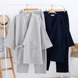 New Autumn Winter Mens Japanese-Style Pure Cotton Air-Layer Loungewear Set