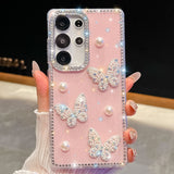 Glitter Powder Pearl Butterfly Style Phone Case With Rhinestones
