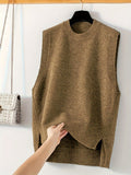 Women's Crew-Neck Loose Sleeveless Knitted Vest Top