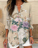 Womens Fashion Floral Print V-Neck Long-Sleeve T-Shirt