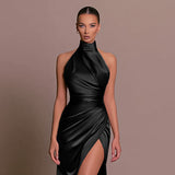 Elegant Stand-up Collar Long Dress Halter Neck Sleeveless Slit Slim Dress