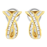 14K Yellow and White Gold 1/2 TDW "X" Shape Cross Over Diamond Hoop Earrings (I-J, I2-I3)