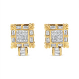 14K Yellow Gold 7/8 Cttw Princess and Baguette-Cut Diamond Square Framed Huggie Hoop Omega Earrings (H-I Color, SI1-SI2 Clarity)
