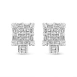 14K White Gold 1.0 Cttw Princess and Baguette-Cut Diamond Square Framed Huggie Hoop Omega Earrings (H-I Color, SI1-SI2 Clarity)