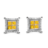 .925 Sterling Silver 1/2 Cttw Yellow Princess Diamond Quad Stud Earring