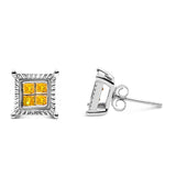 .925 Sterling Silver 1/2 Cttw Yellow Princess Diamond Quad Stud Earring