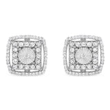 .925 Sterling Silver 1.0 Cttw Round Diamond Double Halo and Disc Stud Earring (I-J Color, I2-I3 Clarity)