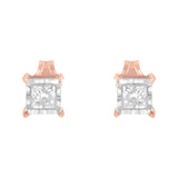 14K Rose Gold Plated Two-Tone .925 Sterling Silver 1/2 Cttw Princess-Cut Square Near Colorless Diamond Solitaire Miracle-Plate Stud Earrings (J-K Color, I2-I3 Clarity)