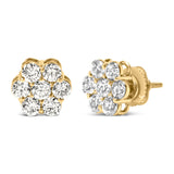 14K Yellow Gold 1 1/2 Cttw 7 Stone Floral Cluster Round Brilliant Cut Diamond Stud Earrings with Screw Backs (I-J Color, SI1-SI2 Clarity)