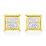 14K Yellow Gold 1.0 Cttw Invisible Set Princess-Cut Diamond Composite 8 Stone Stud Earrings (I-J Color, SI1-SI2 Clarity)