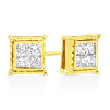14K Yellow Gold 1.0 Cttw Invisible Set Princess-Cut Diamond Composite 8 Stone Stud Earrings (I-J Color, SI1-SI2 Clarity)