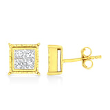 14K Yellow Gold 1.0 Cttw Invisible Set Princess-Cut Diamond Composite 8 Stone Stud Earrings (I-J Color, SI1-SI2 Clarity)