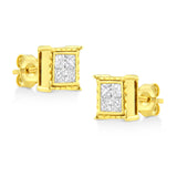 14K Yellow Gold 1.0 Cttw Invisible Set Princess-Cut Diamond Composite 8 Stone Stud Earrings (I-J Color, SI1-SI2 Clarity)