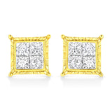 14K Yellow Gold 1.0 Cttw Invisible Set Princess-Cut Diamond Composite 8 Stone Stud Earrings (I-J Color, SI1-SI2 Clarity)