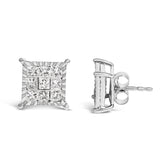 Sterling Silver 1.0 Cttw Princess Diamond Composite Square Stud Earrings