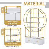 70.8 Inch Round Office Bookcase Bookshelf, Display Shelf, Two Drawers, Gold Frame