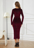 V Neck Long Sleeve Velvet Bodycon Midi Dress Glitter Ruched Formal Cocktail Party Dresses