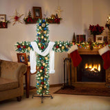 Cross Christmas Tree - 6 Ft Pre-Lit Artificial Pine Cross With LED Lights and White Crown Silk (4ft)