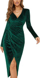 V Neck Long Sleeve Velvet Bodycon Midi Dress Glitter Ruched Formal Cocktail Party Dresses