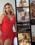 RSLOVE Women Sexy Lingerie Set 3 Piece Babydoll & Lace Kimono Robe Strap Chemise Mesh Nightgown Wine Red M