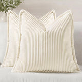 decorUhome Christmas Corduroy Cream White Throw Pillow Covers 18x18 Set of 2 Decorative Soft Boho Farmhouse Euro Couch Pillow Covers for Living Room Bed Sofa Broadside Striped Pillow Cases