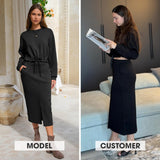 EXLURA Womens 2 Piece Skirts Set Fall Airport Drawstring Sweatshirts Midi Skirt Dress Lounge Sets Travel Outfits Winter 2025