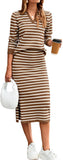 Glamaker Womens 2 Piece Skirt Sets Striped Sweater Dress Casual Polo Neck Knit Long Sleeve Midi Dresses Fall Fashion Outfits