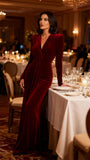Long Sleeve Velvet Bridesmaid Dress with Tie 2026 V Neck Mermaid Maxi Formal Evening Dress AS010