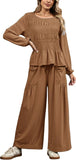 Womens 2-Piece Boho Long Sleeve Smocked Top & Wide Leg Pants Set Casual Lounge Outfit with Pockets