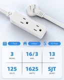 Flat Plug Extension Cord with 3 Outlets - 10 ft White Low Profile Indoor 3 Prong Grounded Power Strip for Home Office & Travel - 16/3 AWG, 13A/1625W