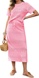 Tankaneo Womens Crochet Cover Up 2 Piece Skirt Sets Short Sleeve Knit Top Midi Skirt Vacation Travel Outfits