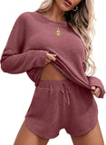 Ekouaer Womens Waffle Knit Pajama Sets Long Sleeve Top and Shorts Matching Lounge Set Loungewear Sweatsuit with Pockets