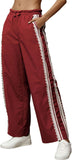 Women Baggy Track Pants Lace Side Stripe Drawstring Elastic Waist Wide Leg Parachute Pants with Pockets