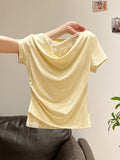 Korean Style Lace Stitching Swing Collar Off-shoulder Short Sleeve T-shirt