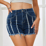 Retro High-waisted Raw-edge Patchwork A-line Stretch Denim Shorts