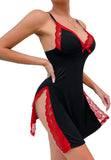 Sexy Split Side Floral Lace Trim Full Slip Night Gown Babydoll Lingerie Dress with Thong 2 piece