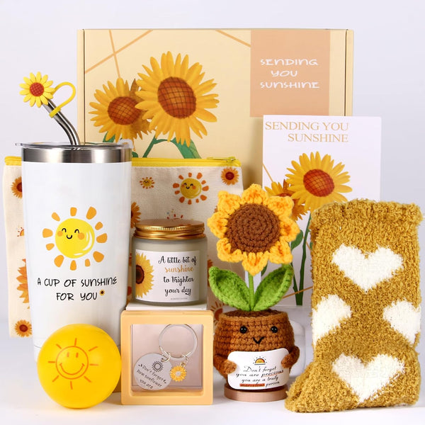 10Pcs Sunshine Gift for Women - Unique Care Package with Sunflower Gifts, Friendship Box of Sunshine for Mom Sister Wife, Get Well Soon & Birthday Present, Self Care Basket for Women Recovery