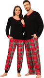 SWOMOG Couples Pajama Sets Women & Men Long Sleeve Sleepwear Top Plaid Pants Loungewear Set with Pockets