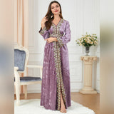 ODIZLI Muslim Kaftan Abaya Moroccan Fashion Autumn Winter Long Sleeve Velvet Dress for Eid Ramadan